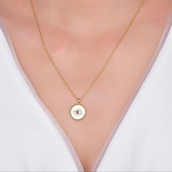 New Sterling silver 14k plated cubic zirconia white enamel evil eye 18”necklace - Picture 2 of 3